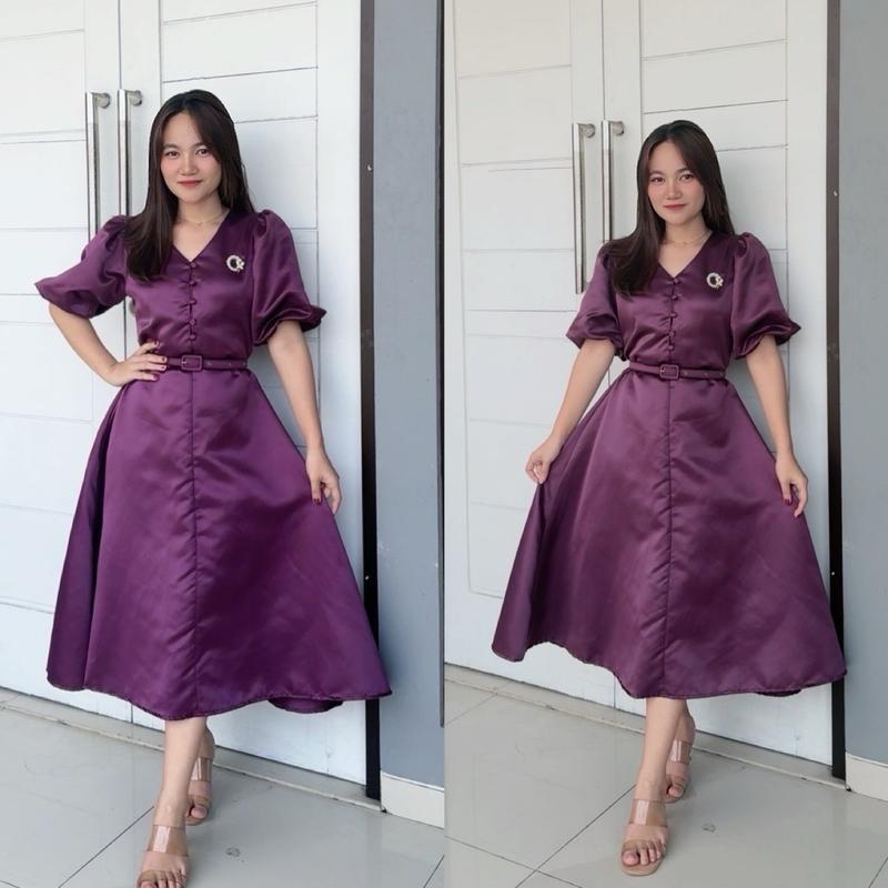 Emma.Butik E00138 Gaun Pesta Formal Satin Lengan Baloon Pendek Elegan Dress Midi Gereja Wanita Polos