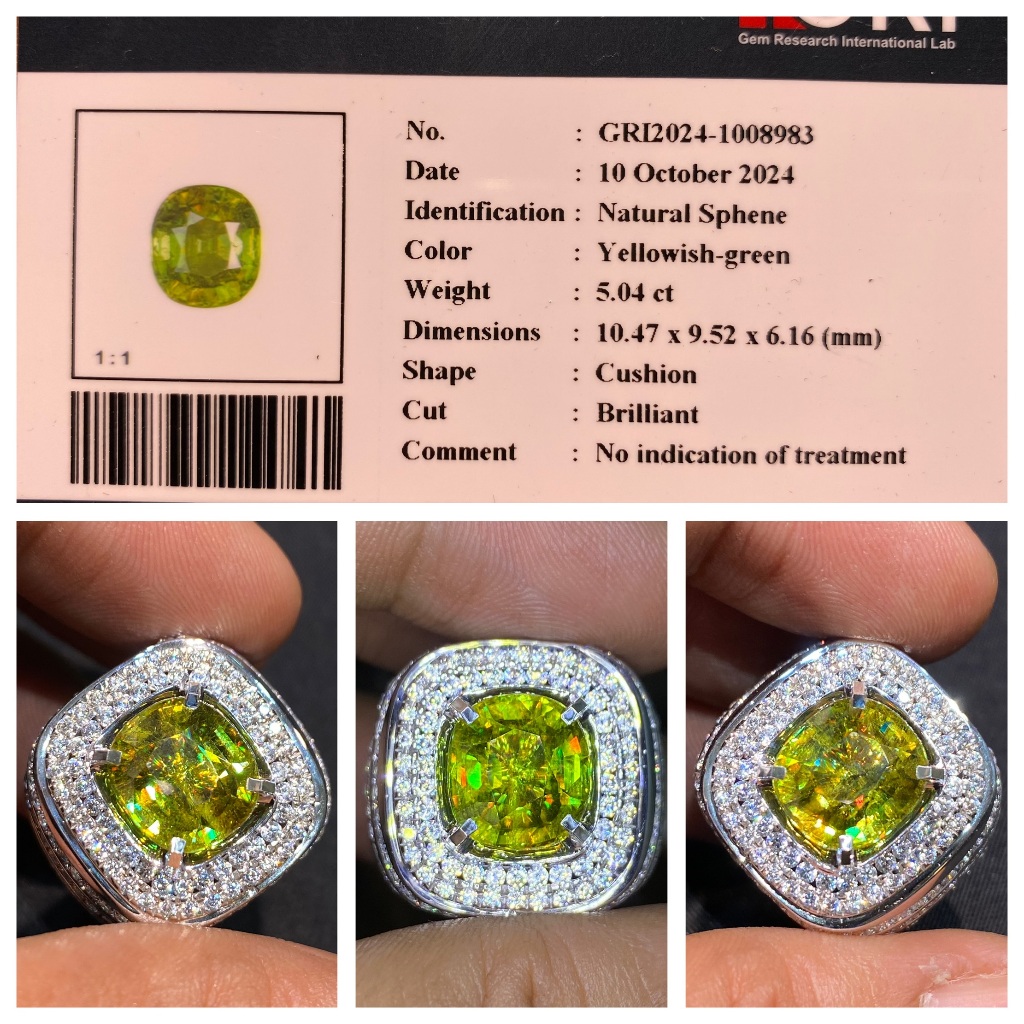 Natural 5.04ct rainbow green sphene microsetting memo gri