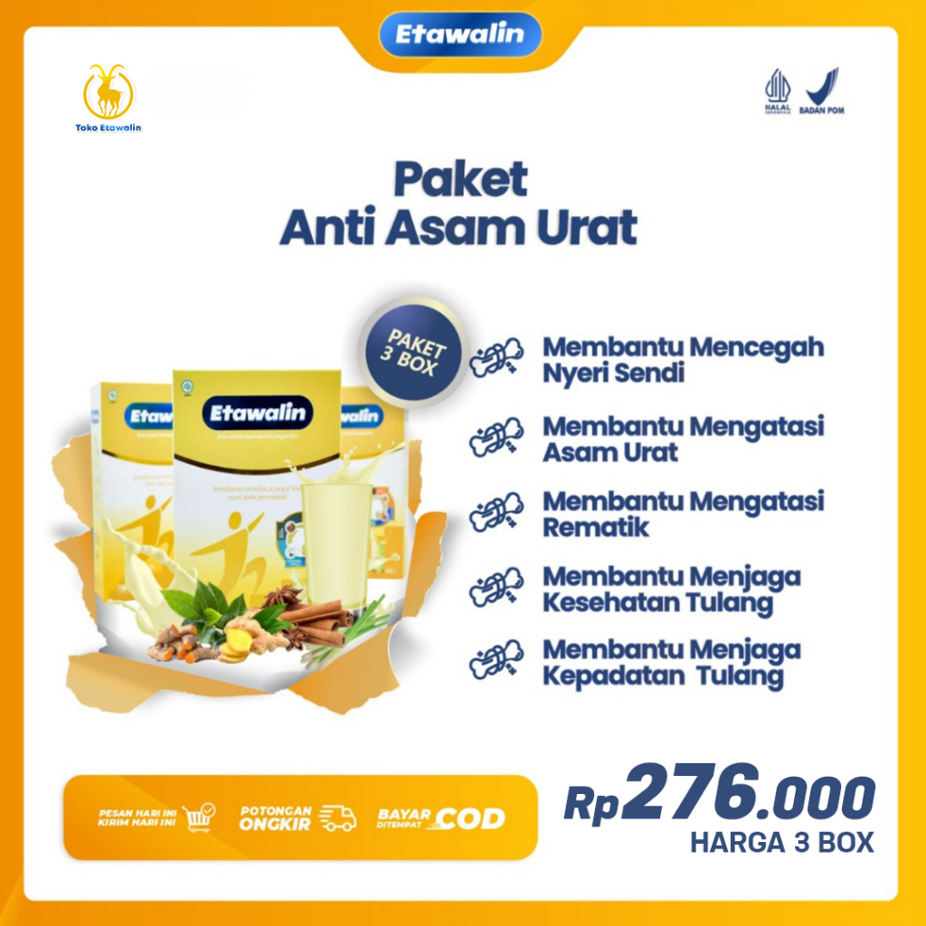 

Paket 3 Box Etawalin - Solusi Tepat Atasi Masalah Persendian dan Asam Urat dengan terapi susu, Susu Memperkuat Kepadatan Tulang, Susu Meningkatkan Daya Tahan Tubuh, Susu Asam Urat, Susu Sendi, Susu Nyeri Sendi, Susu Pegal Lini, Susu Asam Urat