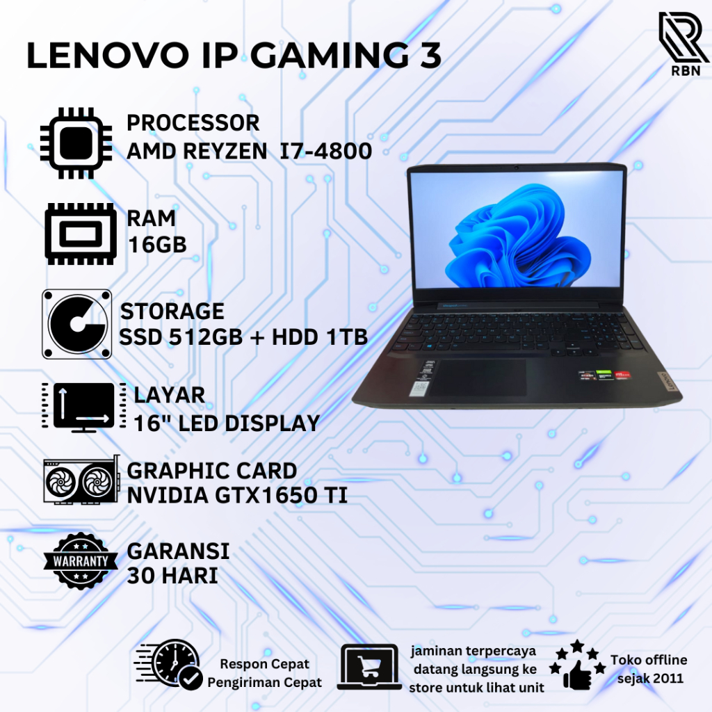 LAPTOP SECOND LENOVO IP GAMING 3  RAM 16GB SSD 512GB + HDD 1TB GTX1650TI