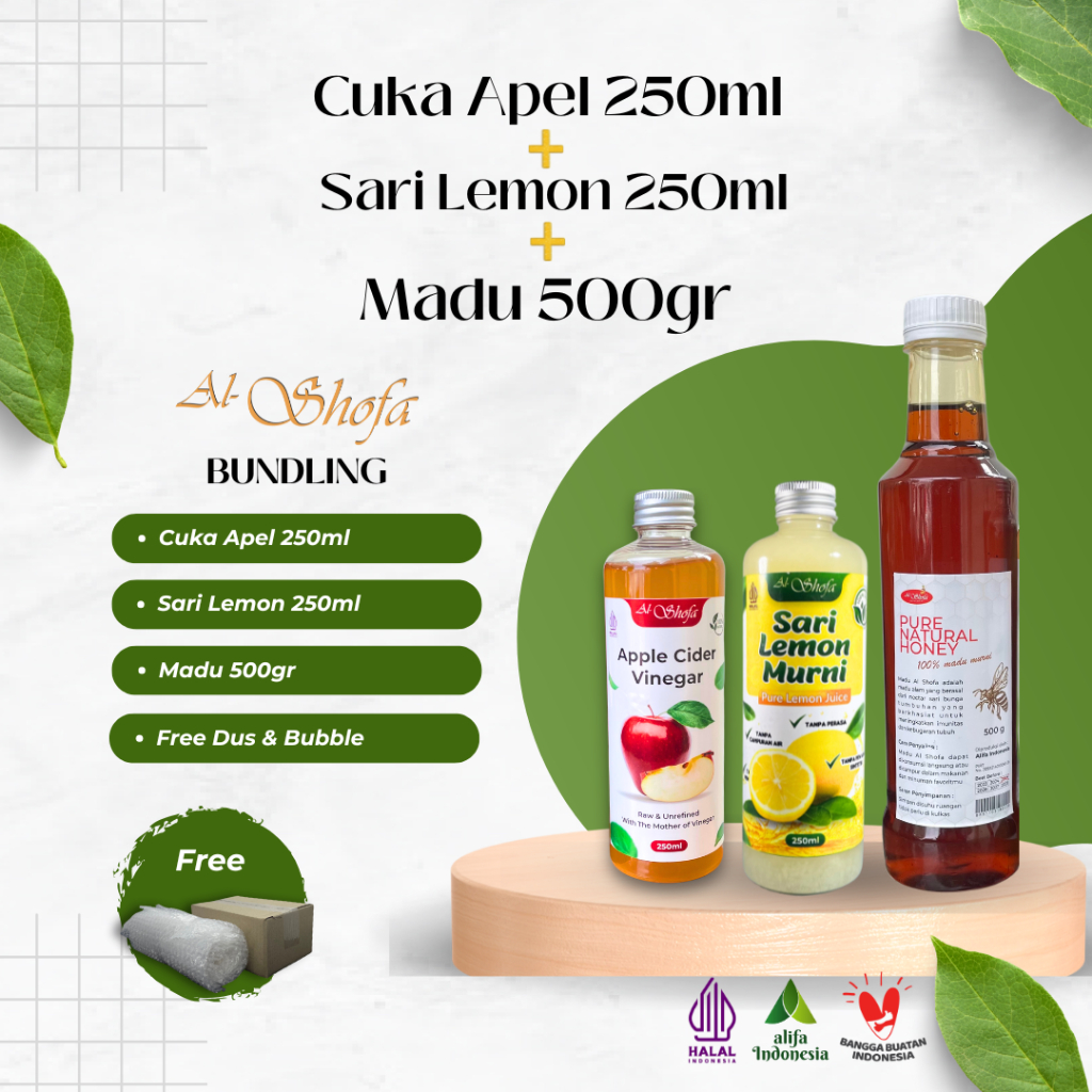 

Cuka Apel Al Shofa 250ml + Sari Lemon Al Shofa 250ml + Madu 500gr Free Kardus dan Bubble