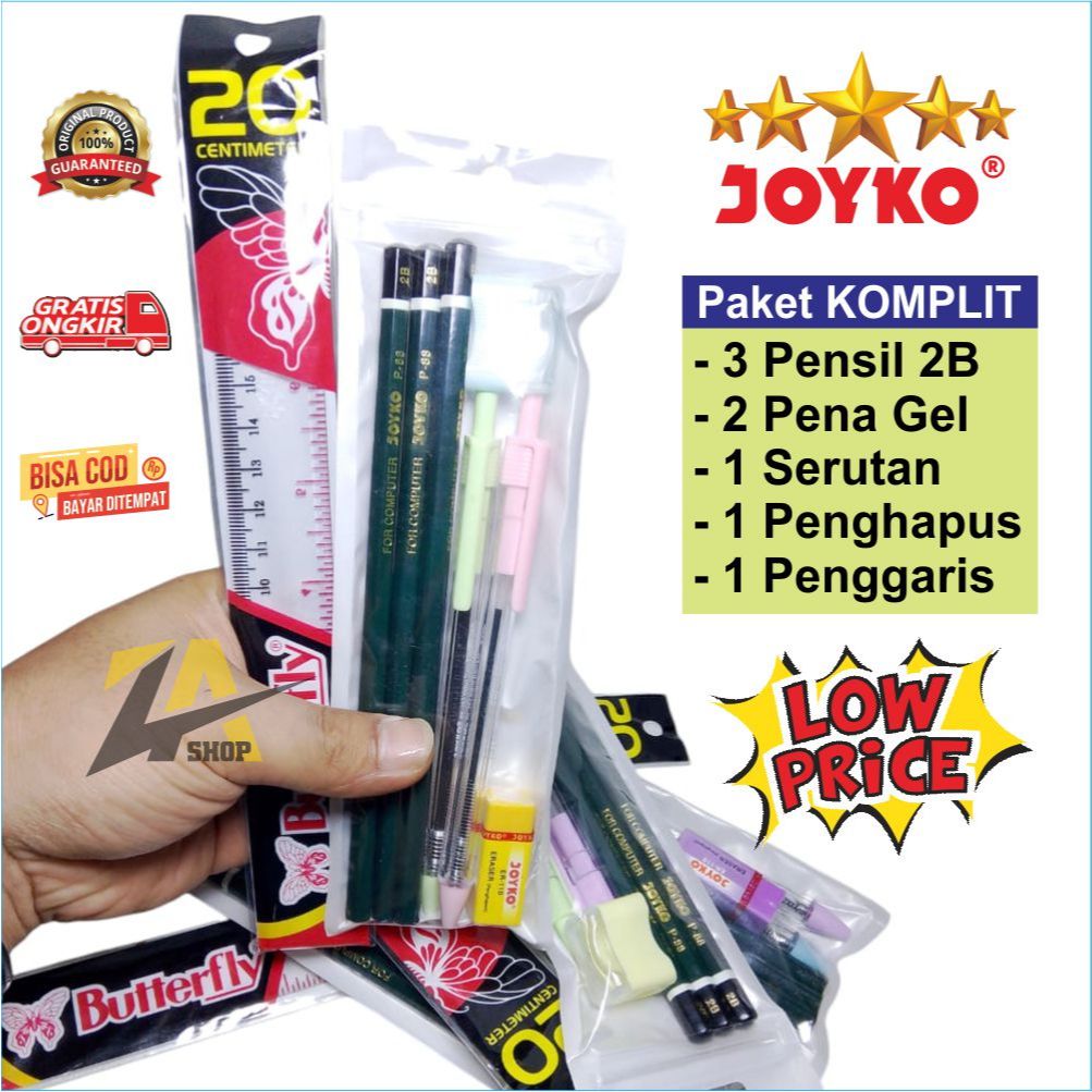 

PAKET 3 PENSIL 2B JOYKO, 2 PENA GEL JOYKO, PENGGARIS, SERUTAN JOYKO, PENGHAPUS JOYKO