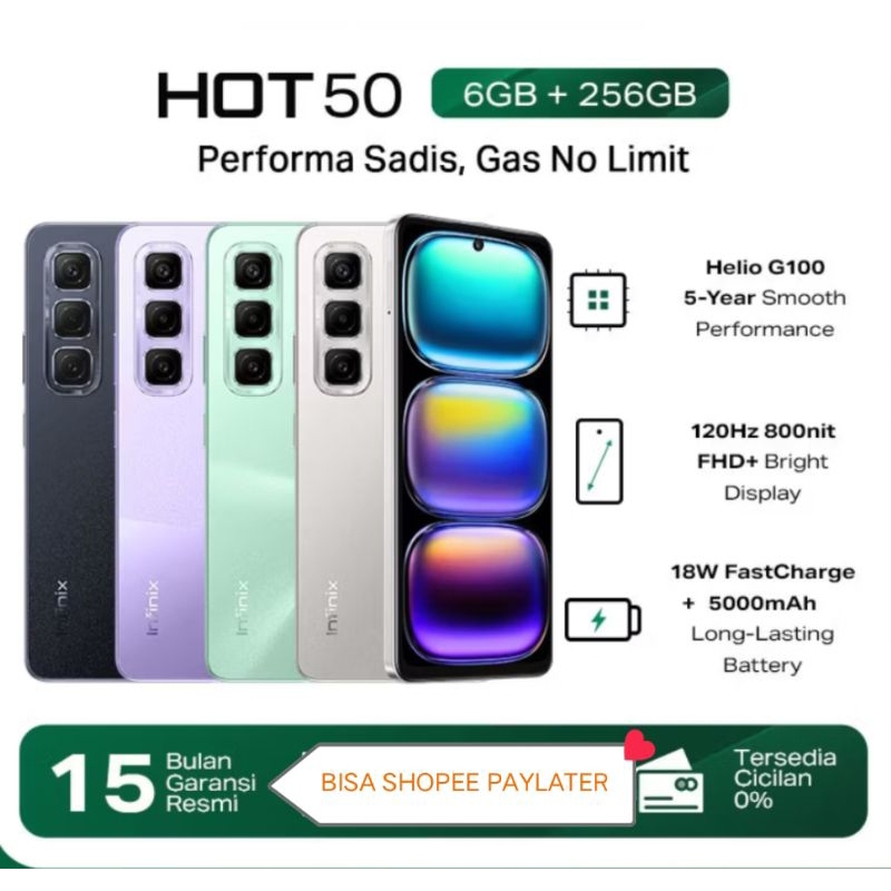 INFINIX HOT50 RAM 6/256GB MEDIATEK HELIO G100 NEW 2024 GARANSI RESMI