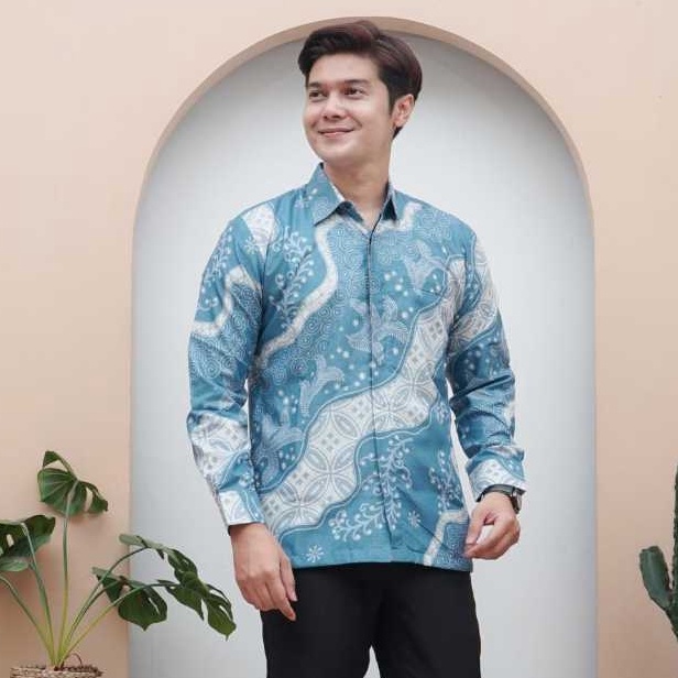 KODE E54V Batik Semarmesem  Kemeja Baju Batik Pria Lengan Panjang Size M L XL XXL Biru Langit Motif 