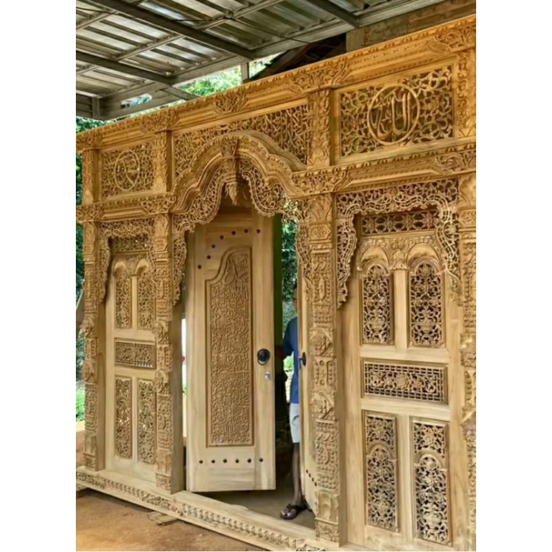 pintu gebyok jawa/pintu modern motif ukir ayat kursi ful kayu jati asli