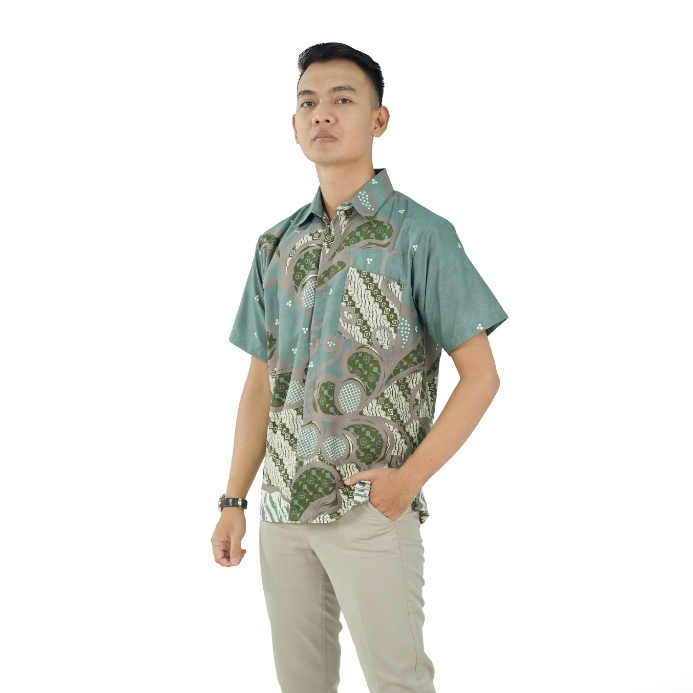 BATIK TRUSMI Hem Batik Pria Kemeja Lengan Pendek Batik Laveya Hijau BUL