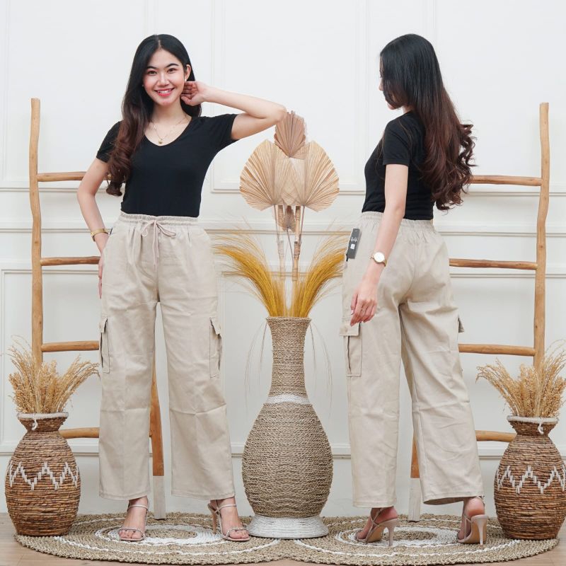 Celana Kulot Cargo Pinggang Full Karet Bahan Katun Bengalin Import
