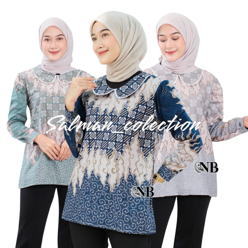 Atasan Batik Wanita Modern Lengan Panjang Batik Wanita Kerah Daun