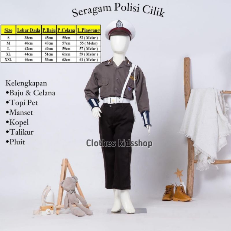 Baju Polisi Anak - Setelan Seragam Polisi Lalu Lintas Anak lengkap dengan toph dan aksesoris