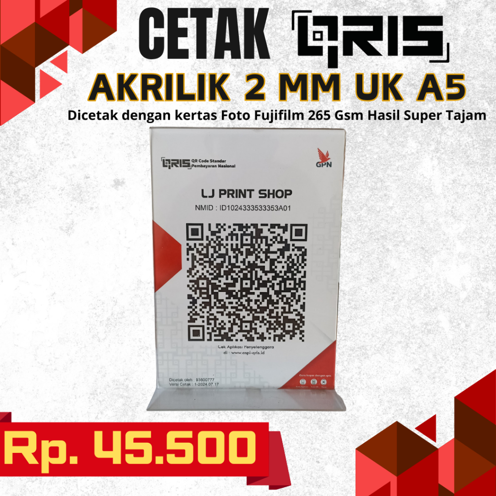 

Cetak Qris Akrilik A5 2 mm | Cetak Qris Merchant A5 Ketebalan Mika 2 mm