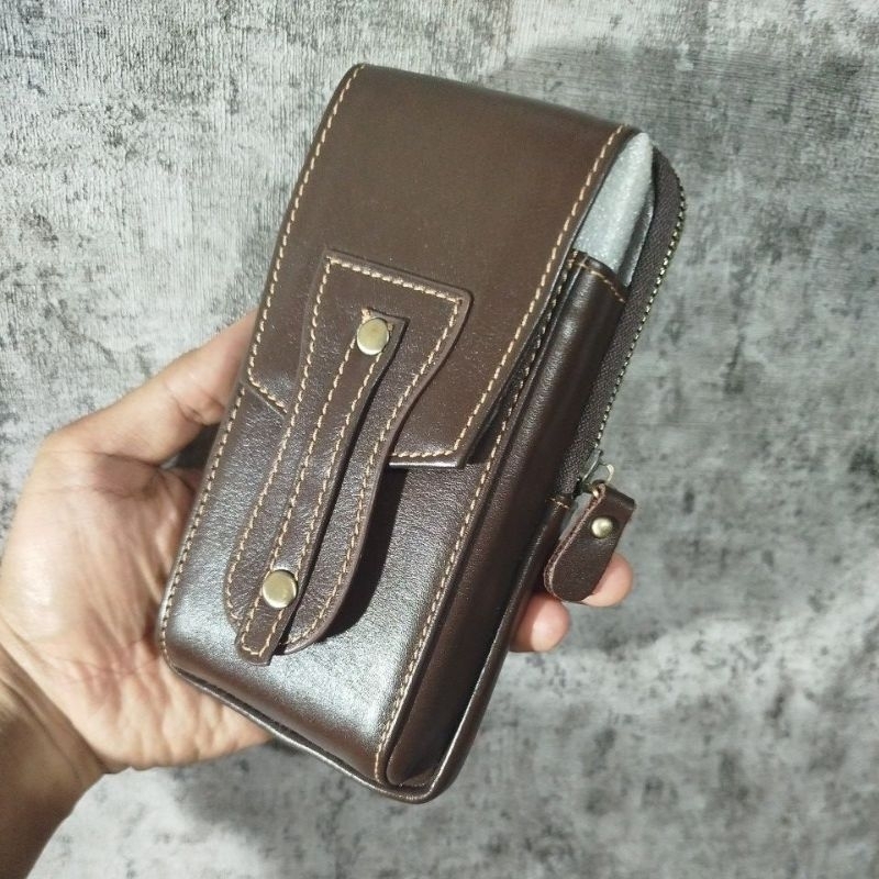 Sarung Tempat Hp Tas Dompet Handphone Pinggang Dompet Hp Kulit Asli Original Isi 2 Hp Ukuran 6,8 inc