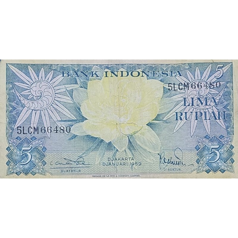 Uang Kuno Indonesia Seri Bunga 5 Rupiah tahun 1959 AXF Original 100% Utuh