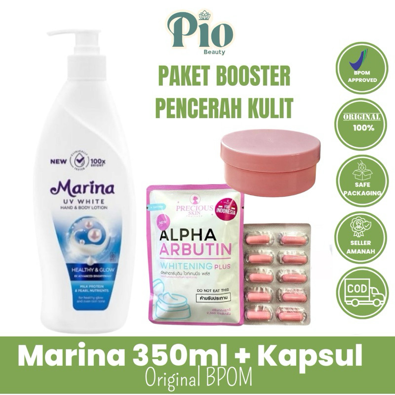 MARINA PUMP 350ml READY PAKET EXTRA WHITENING MARINA HEALTHY GLOW BIRU 460ml dan 185ml kapsul alpha 