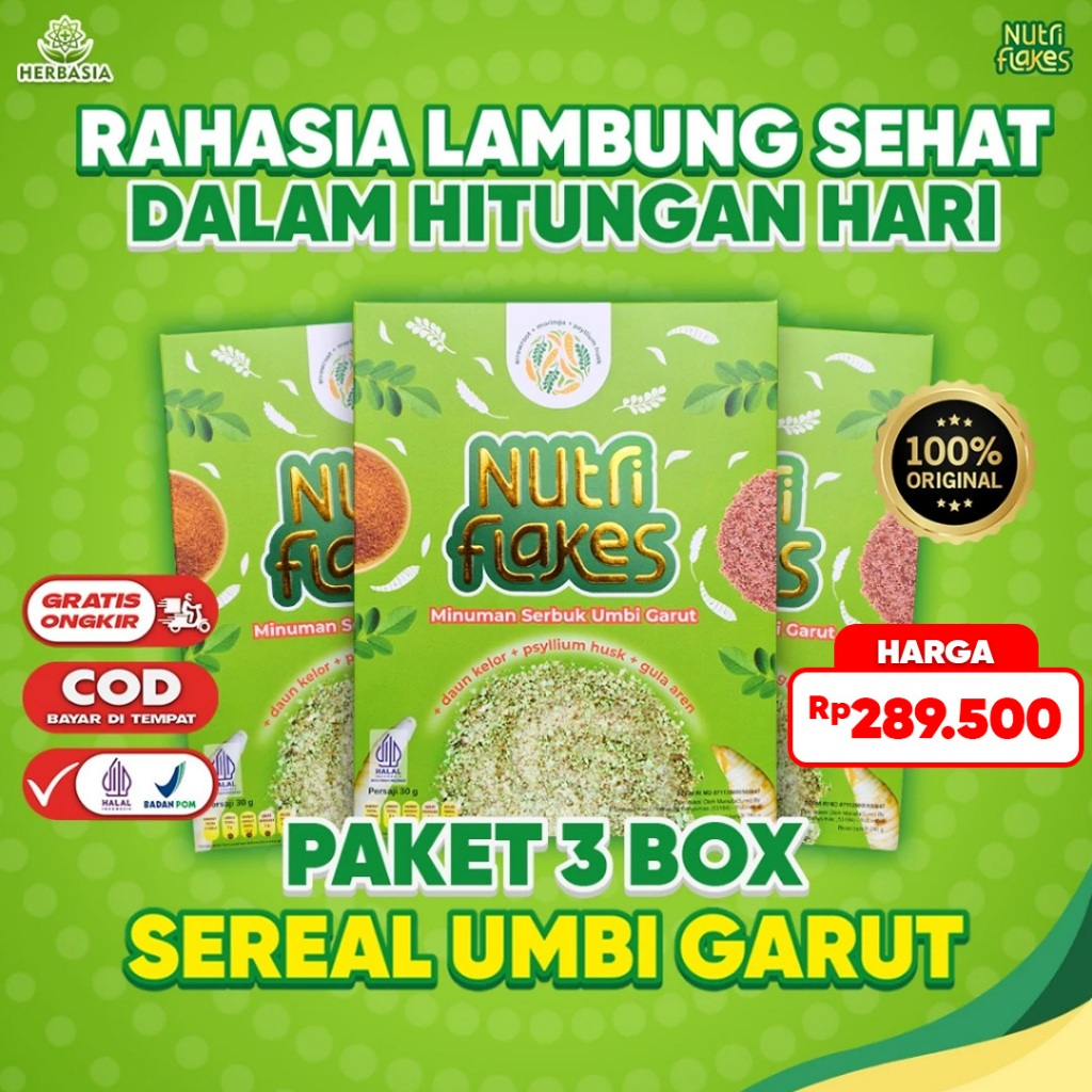 

Nutriflakes 3 Box Sereal Diet Umbi Garut dan Daun Kelor Atasi Asam Lambung Gerd Radang Lambung 200gr