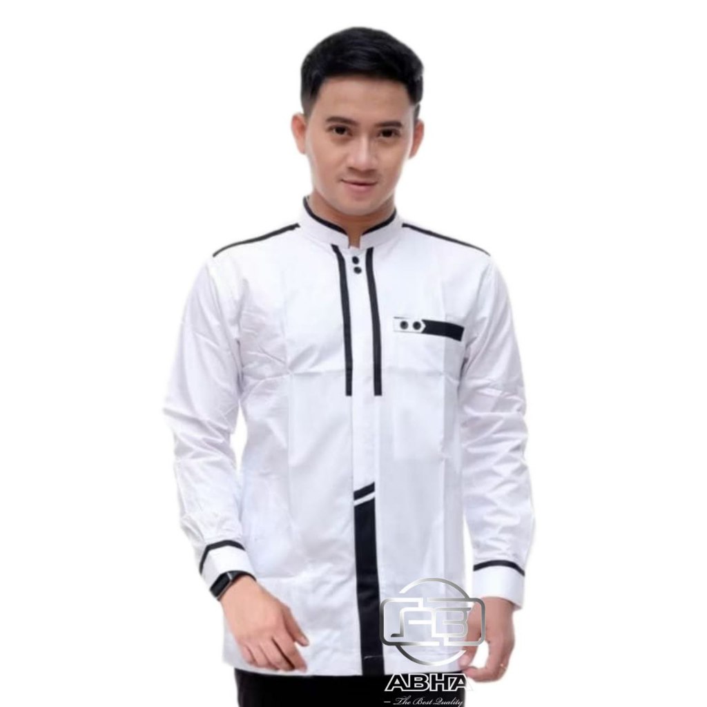 Abha - Baju koko pria putih lengan panjang - Baju Muslim Dewasa - Baju Hadroh - Motif Katulistiwa