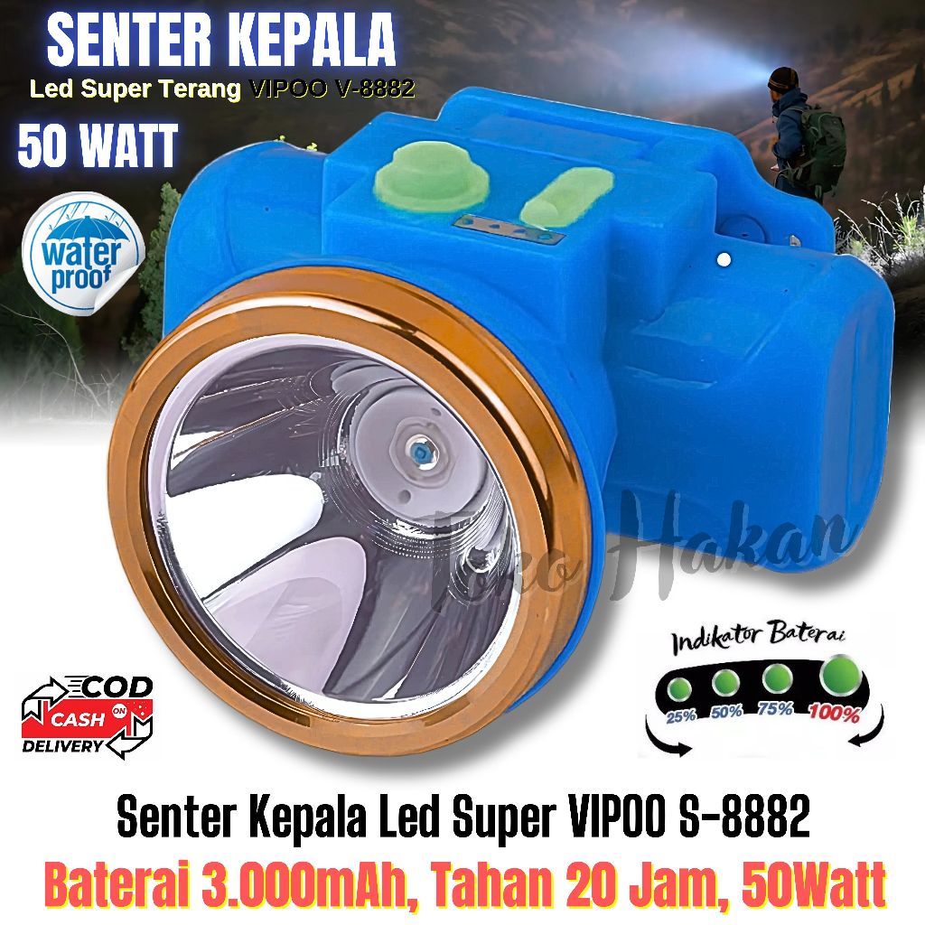 Senter Kepala Vipoo V-8882 Senter Kepala Led Super Terang | Senter Kepala Anti Air | Headlamp 50 Wat