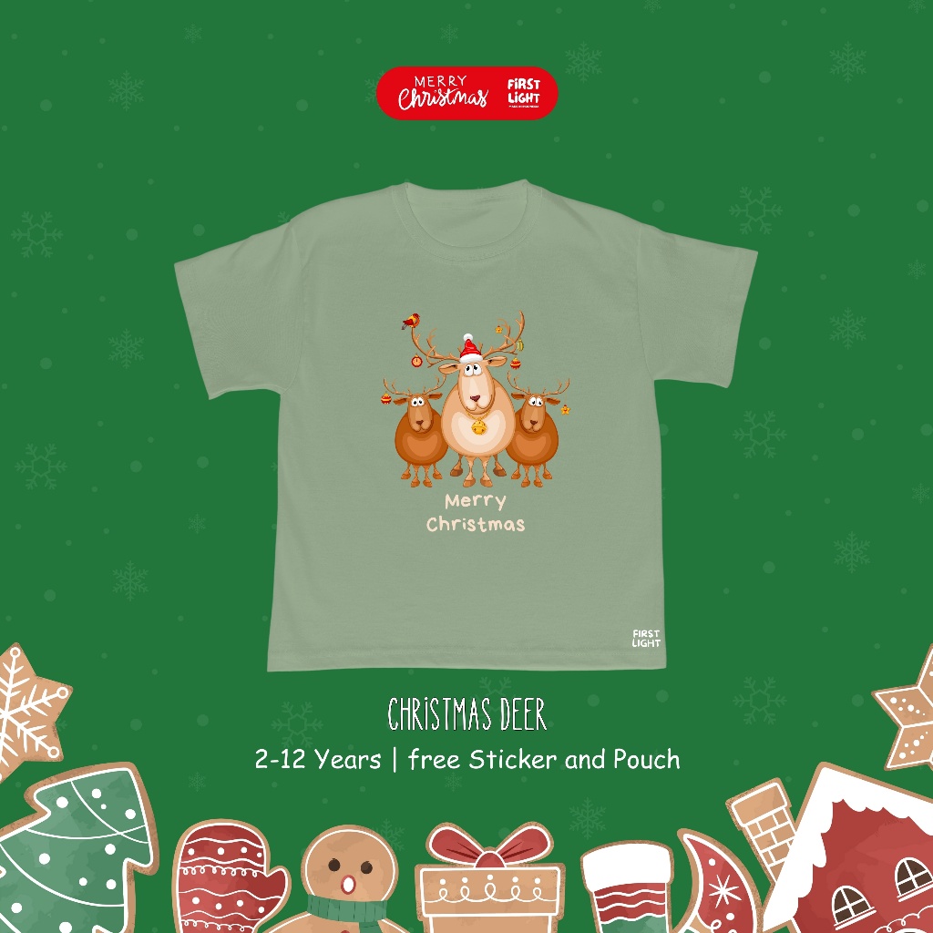 First Light - Kaos T-shirt Anak Natal - Christmas deer - Sage Green