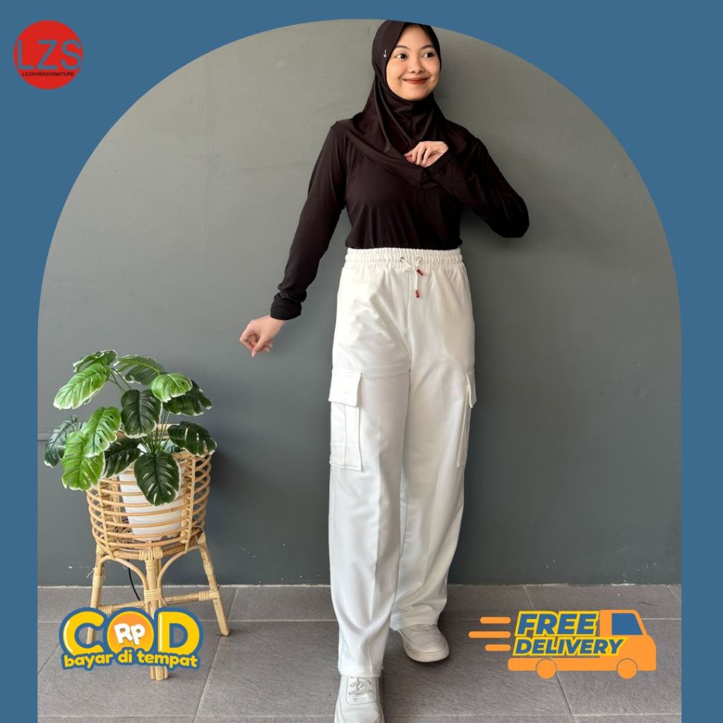 Celana Training Panjang Olahraga Saku Samping Pria Wanita | Kargo Putih Fit M-XXL High waist Panjang