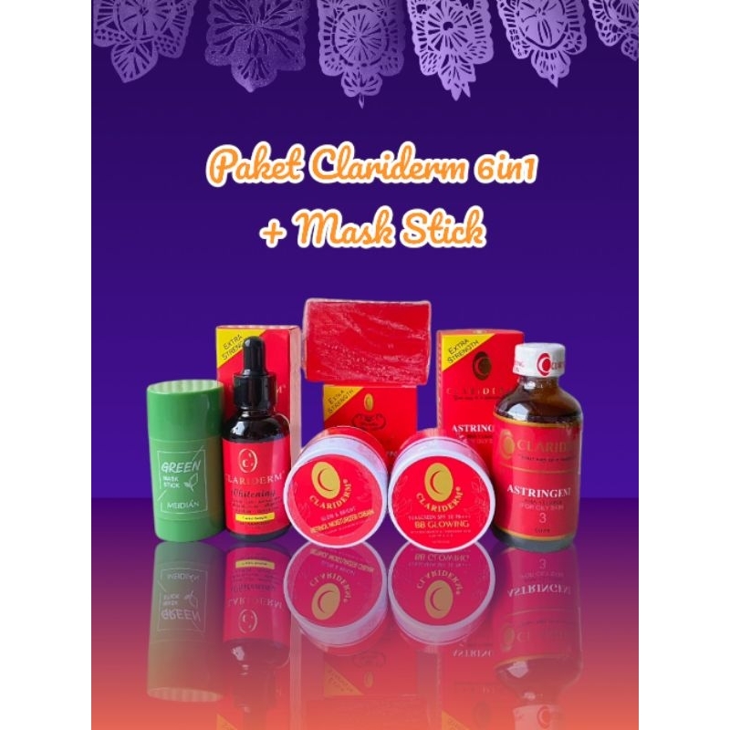 Paket Clariderm 6in1- Toner Clariderm + Cream Siang + Cream Malam + Serum bpom + Sabun Clariderm + M