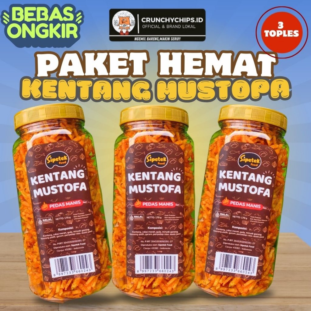 

[PAKET HEMAT] kentang Mustofa Premium Pedas Balado Manis Nikmat Renyah Tanpa pengawet Dapat 3 Toples