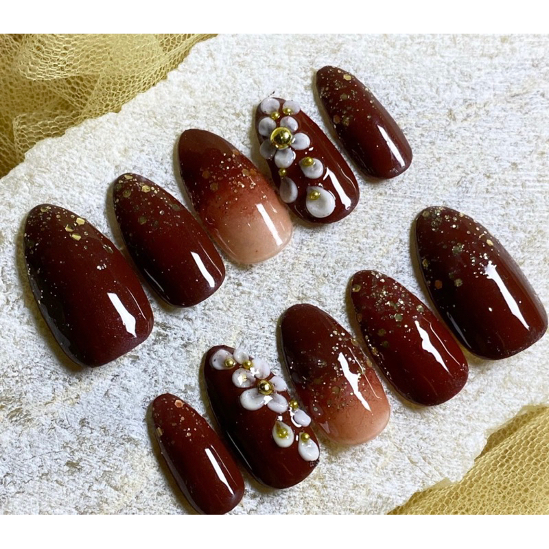 Kuku Palsu Maroon press on nail maroon murah bunga 3D fake nails murah