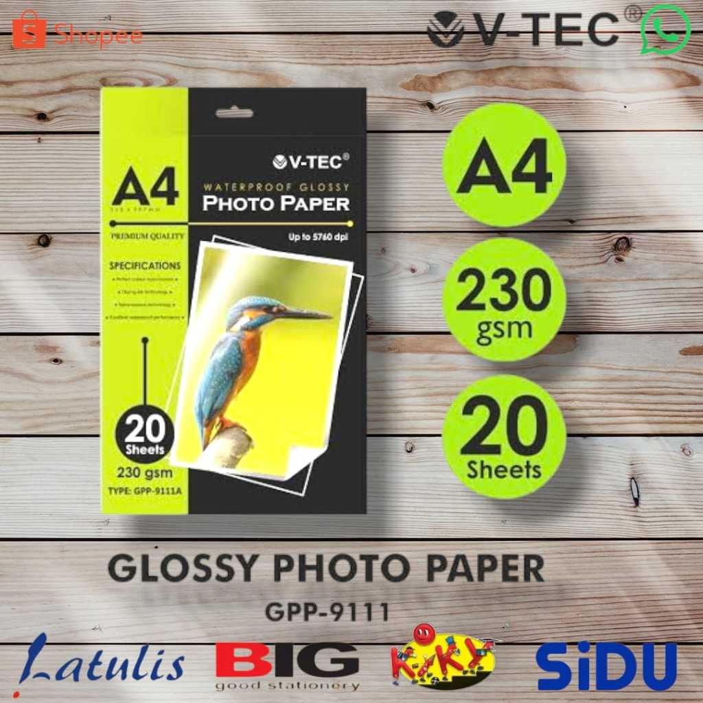 

(1 PACK = 20 LMBR) Kertas Glossy Photo Paper Vtec A4 230 gsm / Kertas Foto / Kertas Photo V-Tec