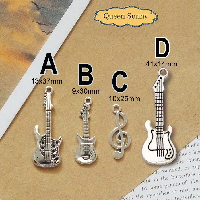 Charm Gitar dan Kunci G Not Balok Melodi Melody Silver Liontin Bandul Pendant Kalung Anting-Anting M