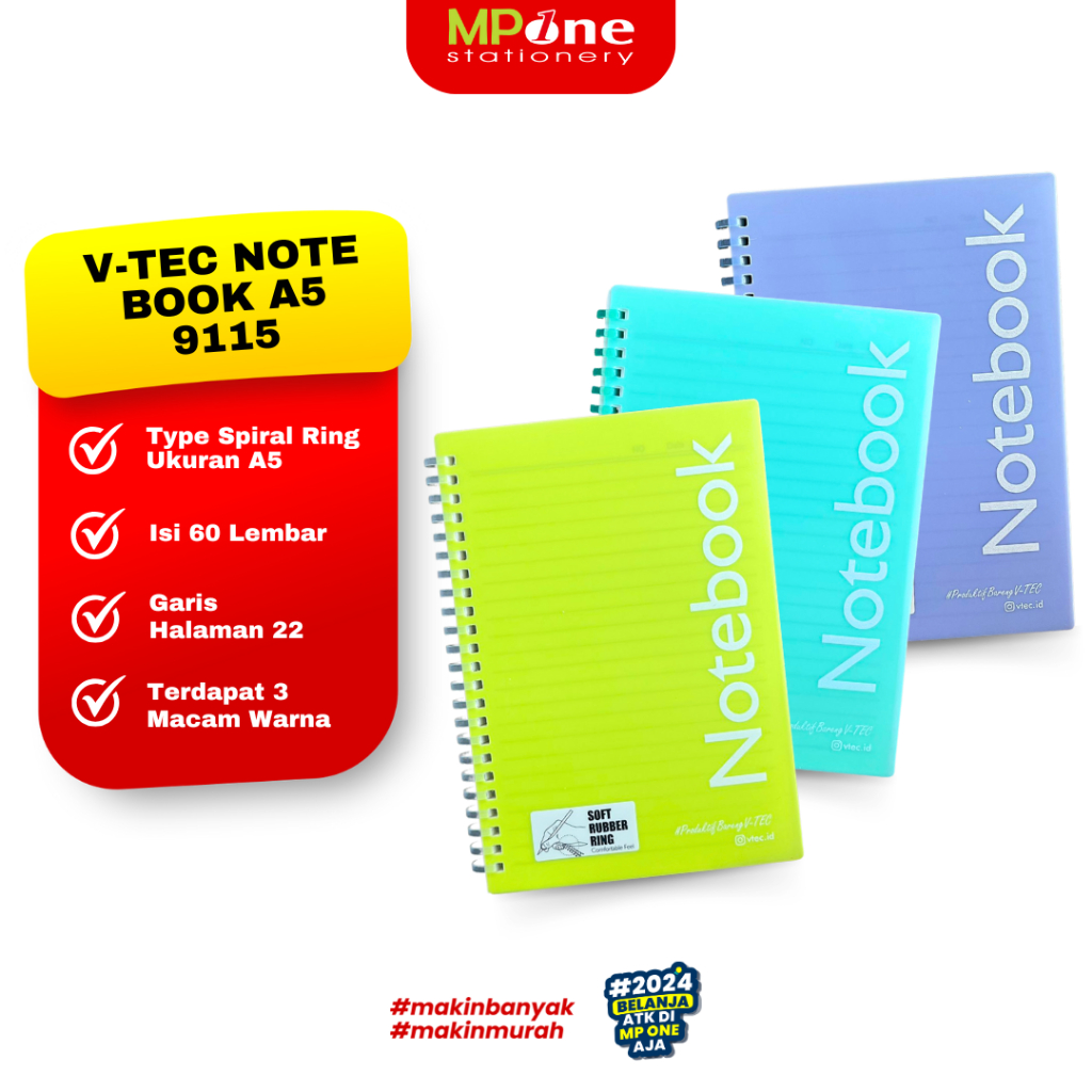 

V-Tec Notebook Spiral 9115 Bergaris Ukuran A5 Isi 60 Lembar / Buku Catatan A5 V-Tec Spiral NB