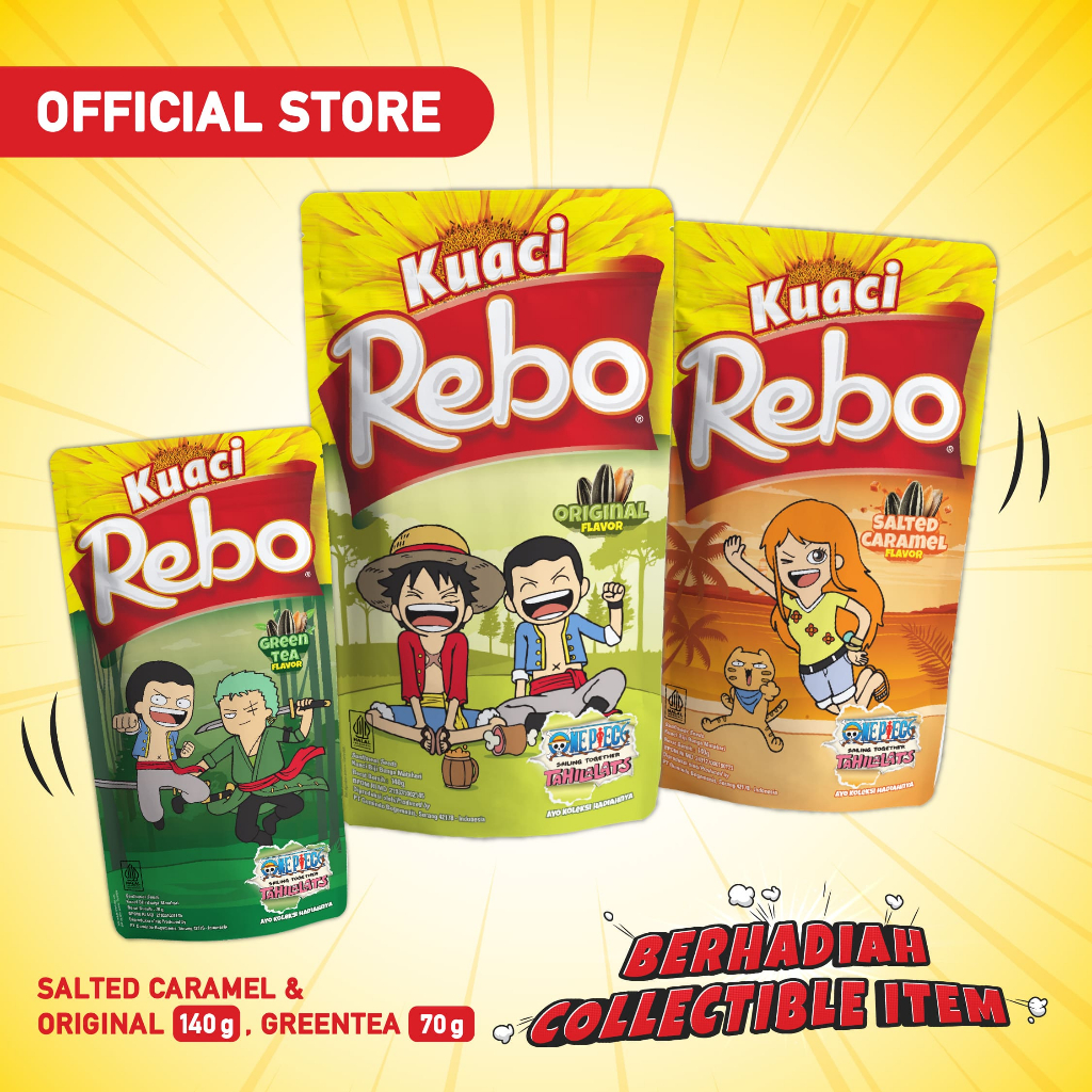 

Rebo Kuaci x One Piece Bundling 3 PCS - Rasa Original, Caramel 140 Gram & Green Tea 70 Gram