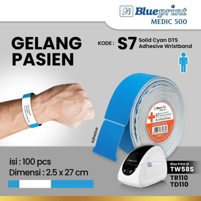 

Gelang Pasien Barcode Rumah Sakit 25x270 mm BLUEPRINT Medic 500 - S7 Solid Cyan