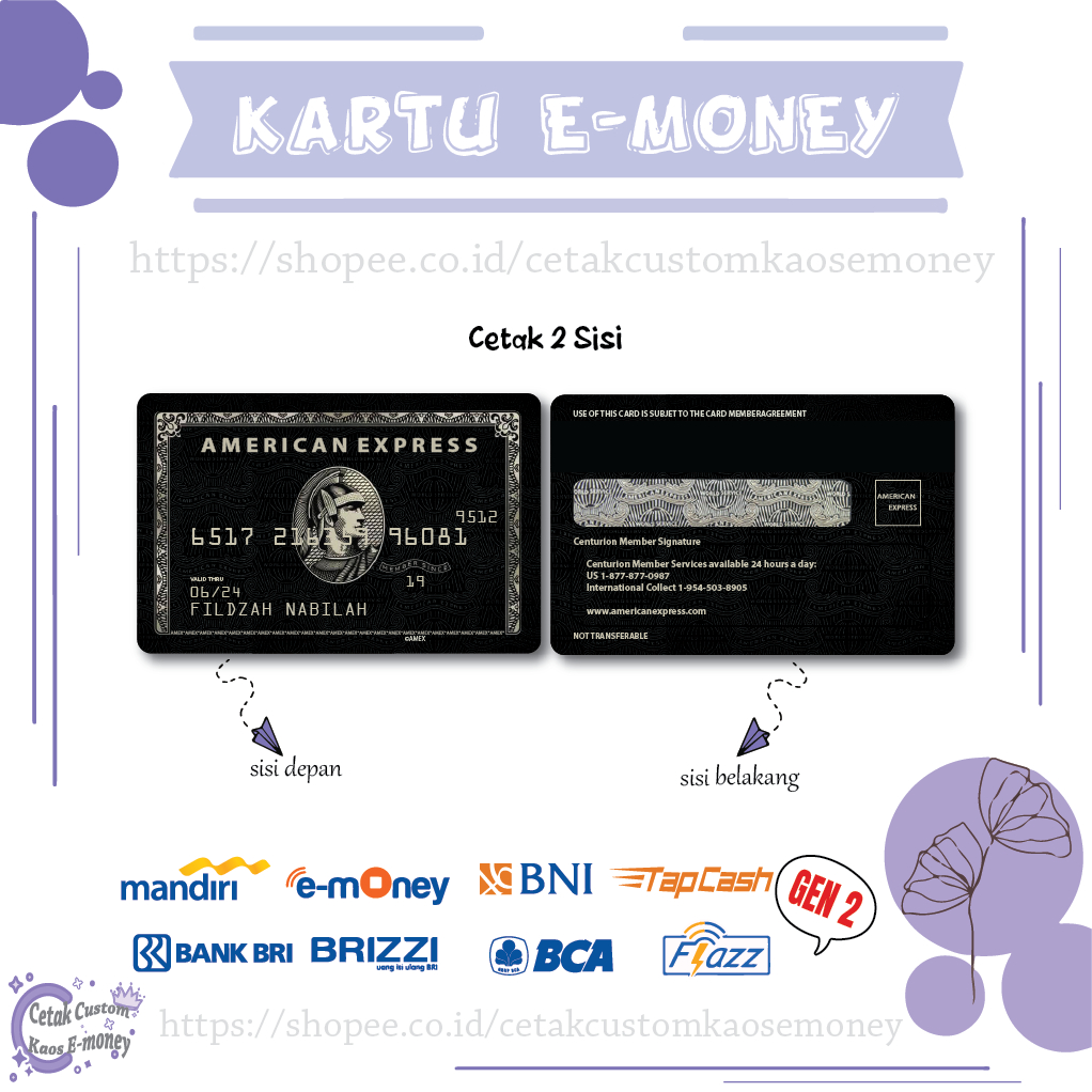 KARTU E MONEY E TOLL KARTU CARD AMERICAN EXPRESS BLACK CARD EMONEY MANDIRI BNI BRI BCA - 2 SISI