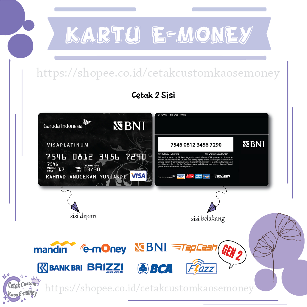 KARTU E MONEY E TOLL CARD BNI GARUDA INDONESIA VISA BLACK CARD EMONEY MANDIRI BNI BRI BCA - 2 SISI