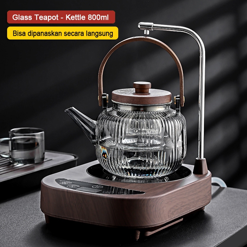 Teapot Glass Wood Handle Heat Temperature Resistant Teko Kaca Tahan Panas Api Langsung Tea Pots Tea 