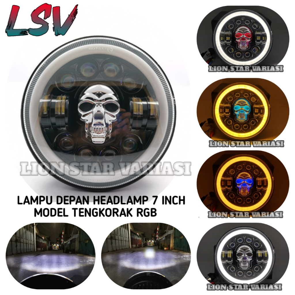 Lampu Depan 7 Inch Model Bulat TENGKORAK 12 LED Headlamp Motor Mobil TAFT CARRY KATANA NINJA BMW