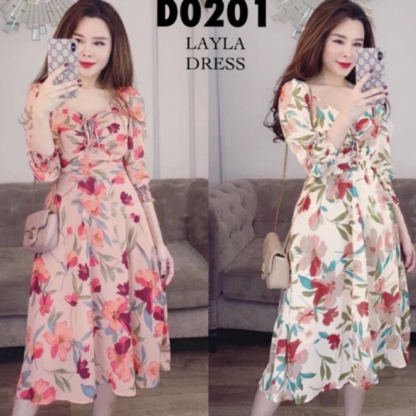 BIG SALE FASION ADA SIZE JUMBO D21 LAYLA KOREAN STYLE FLORAL VINTAGE MIDI DRESS PANTAI SUMMER MUSIM 
