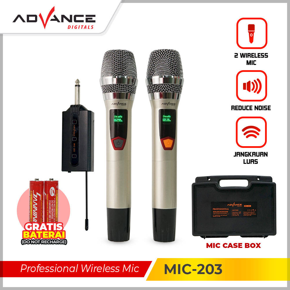 Advance MIC-203 Profesional 2 Mic Wireless Microphone Karoke Mic Kualitas Premium Logam Batrei