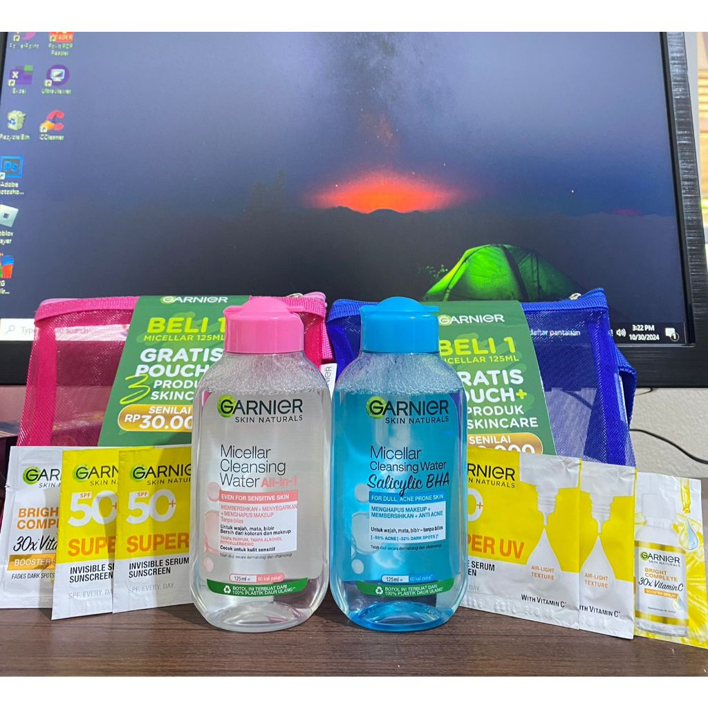 GARNIER MICELLAR WATER 125ML Free pouch + 2 sunscreen + 1 brighte serum kmasan sachet