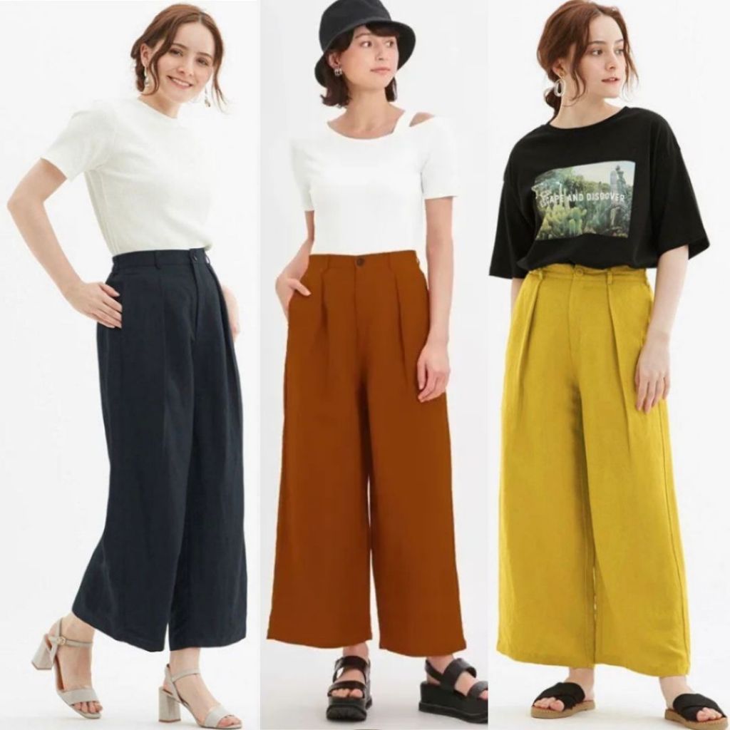 GU UNQ LINEN BLEND WIDE CULLOTE PANTS - Celana Panjang Kulot Wanita
