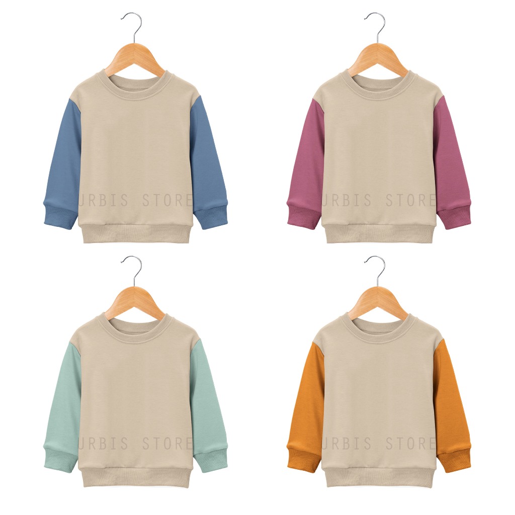 Sweater Crewneck Polos Kombinasi Warna Anak Laki-laki Perempuan Usia 3-13 Tahun Bahan Fleece Tebal P