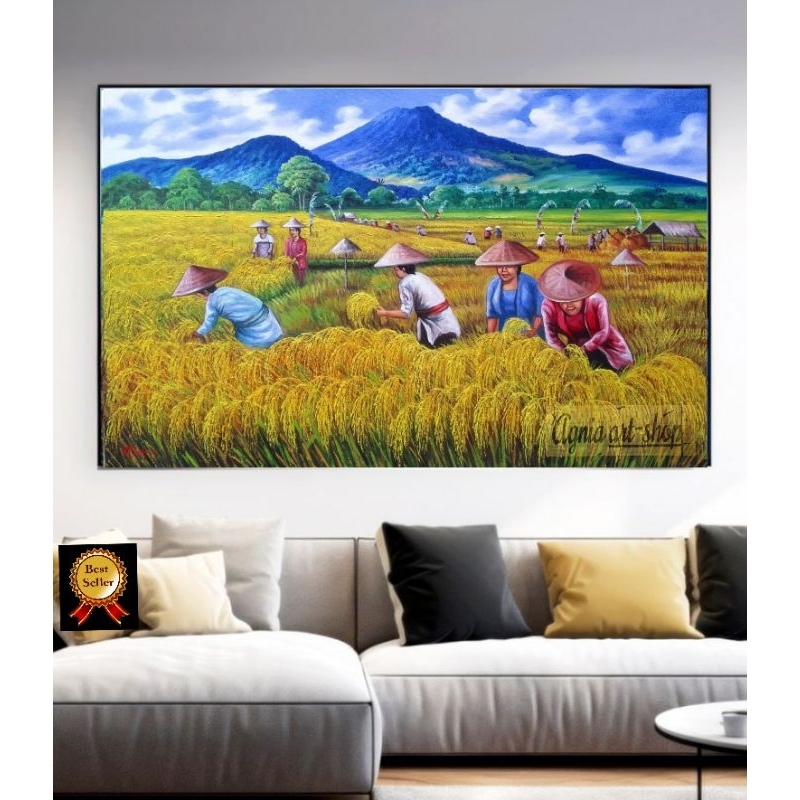 lukisan panen raya padi timbul plus bingkai lukisan pemandangan sawah lukisan panen raya