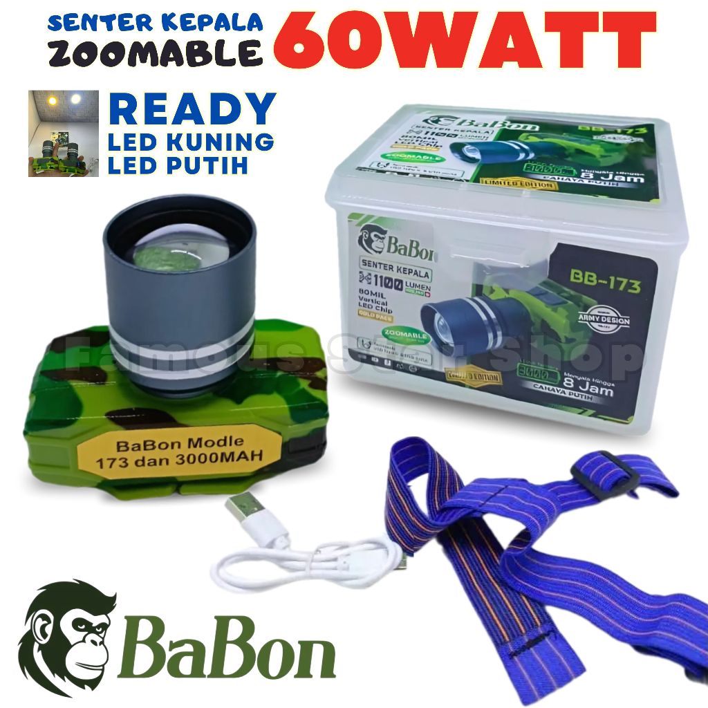 Senter Kepala BABON BB-173 Lensa ZOOM Loreng Terbaru Tahan 24 Jam Daya 60 Watt Baterai 3000mAh Tahan