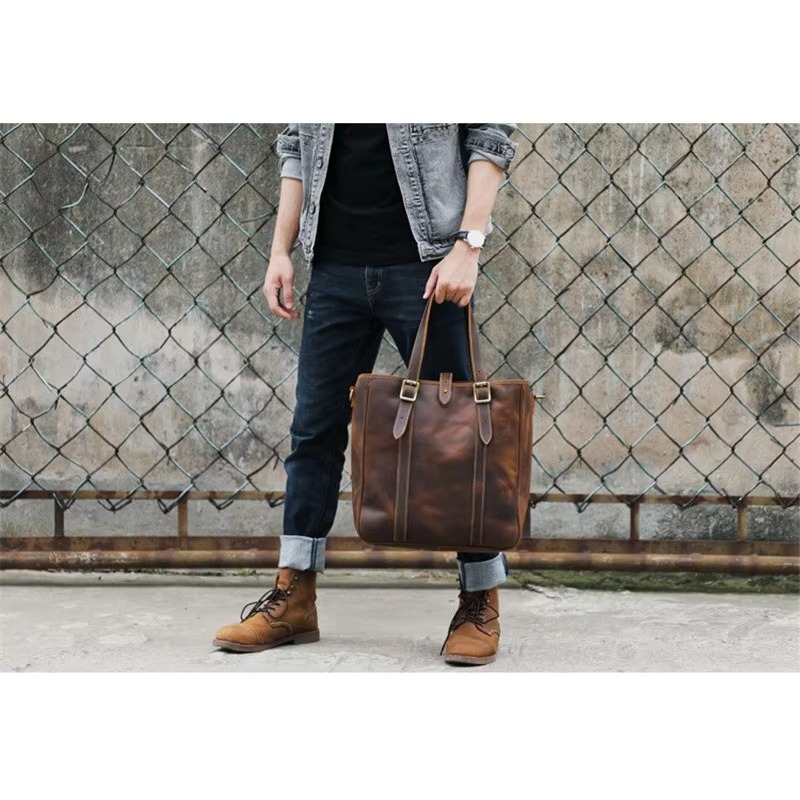 Tas Tote Pria Kapasitas Besar Vintage Tas Tangan Kerja Kulit Asli- Tas Kulit Asli Garut