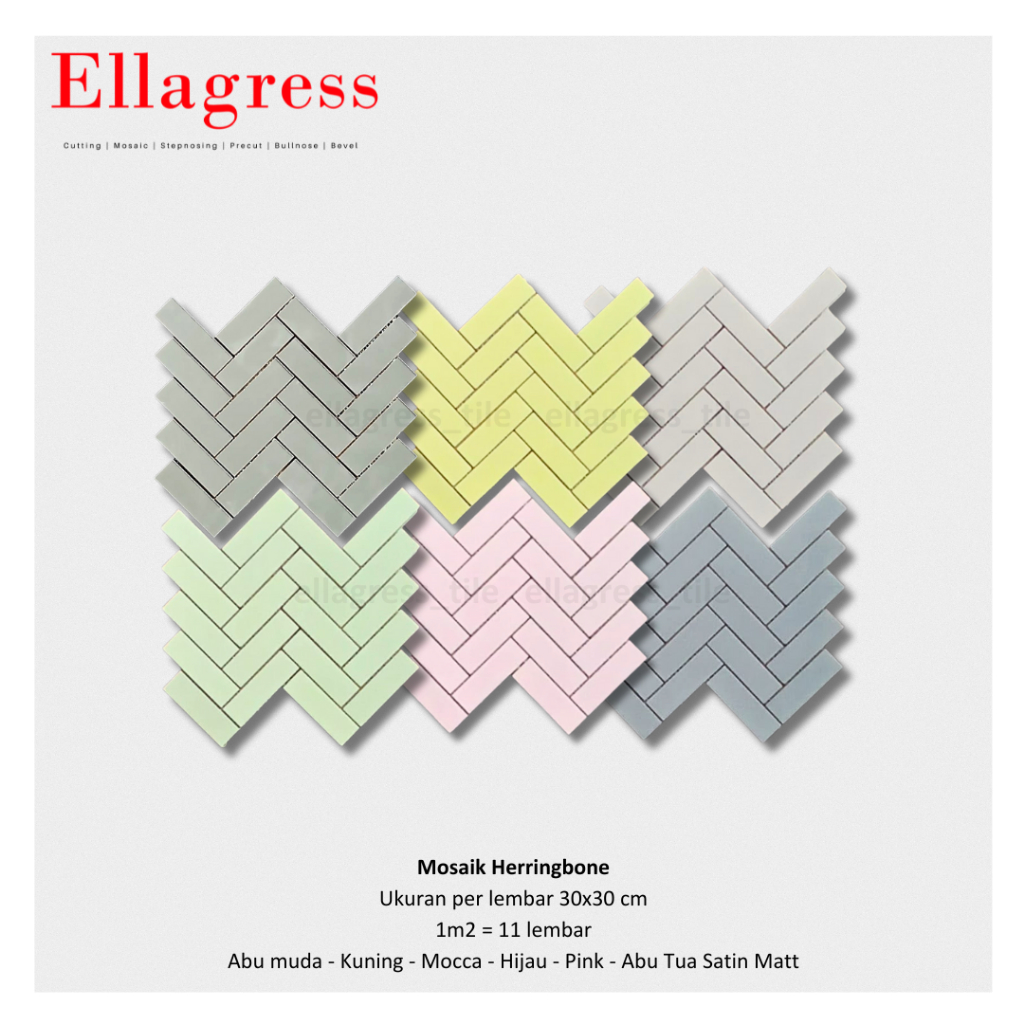 Mosaik Herringbone Ellagress Keramik Warna Pastel Lantai Dinding Backsplash Hijau, Pink, Abu, Mocca 