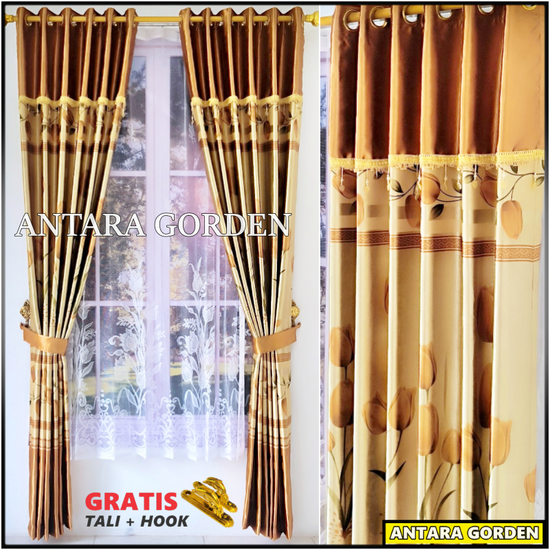 Gorden Jendela Aesthetik Model Poni Tempel Blackout Bunga Tulip Coklat 6 Lipatan 12 Ring Silver Dan 