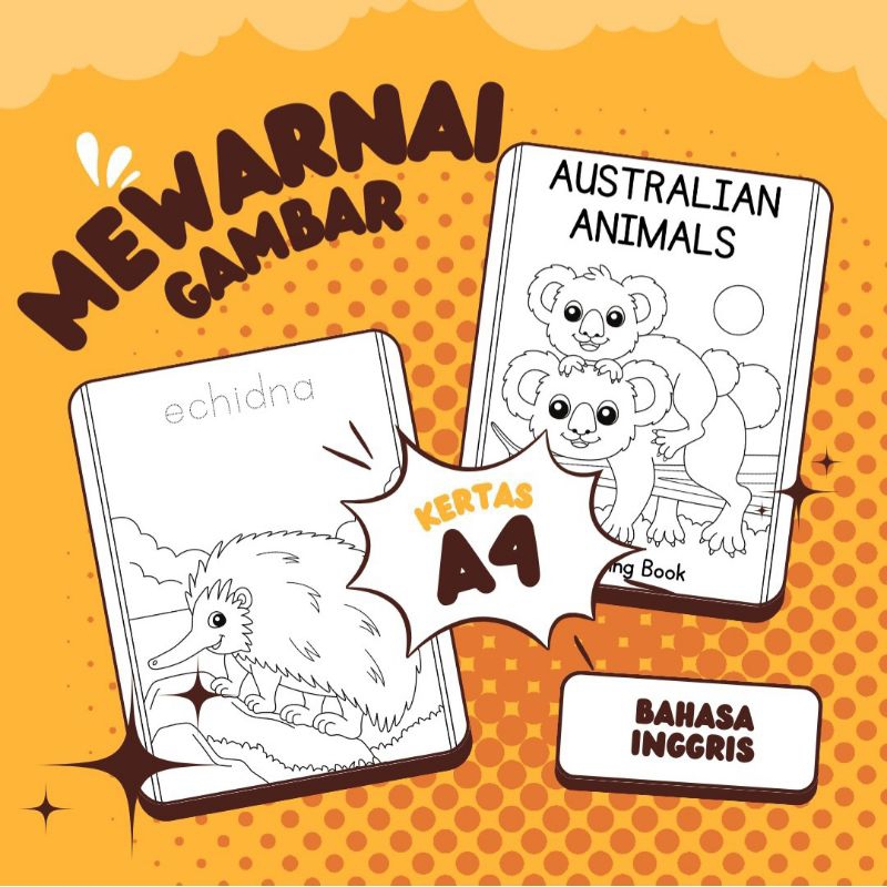 

kertas Mewarnai 30 Lembar Tema Gambar Hewan Australia Disertai Bahasa Inggris Untuk Anak Usia Dini, Paud, TK, SD