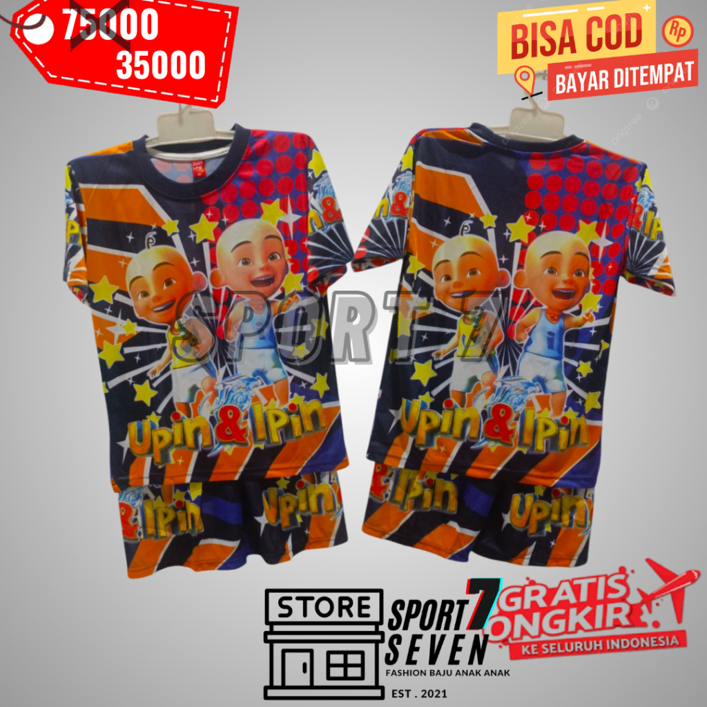 SPORT 7. setelan baju kaos upin ipin/ setelan baju anak laki laki karakter upin ipin