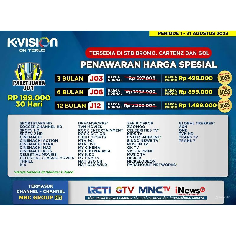 PAKET JUARA K-VISION TERMURAH FREE PAKET CLING 30 HARI