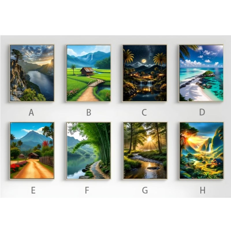 Hiasan dinding gambar pemandangan ukuran besar 20X30, Lukisan pemandangan ukuran A4, Dekorasi rumah