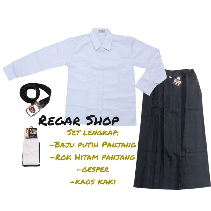 Setelan Seragam Sekolah SD Mi Putih Hitam Anak Perempuan Baju Putih Panjang Rok Hitam Panjang