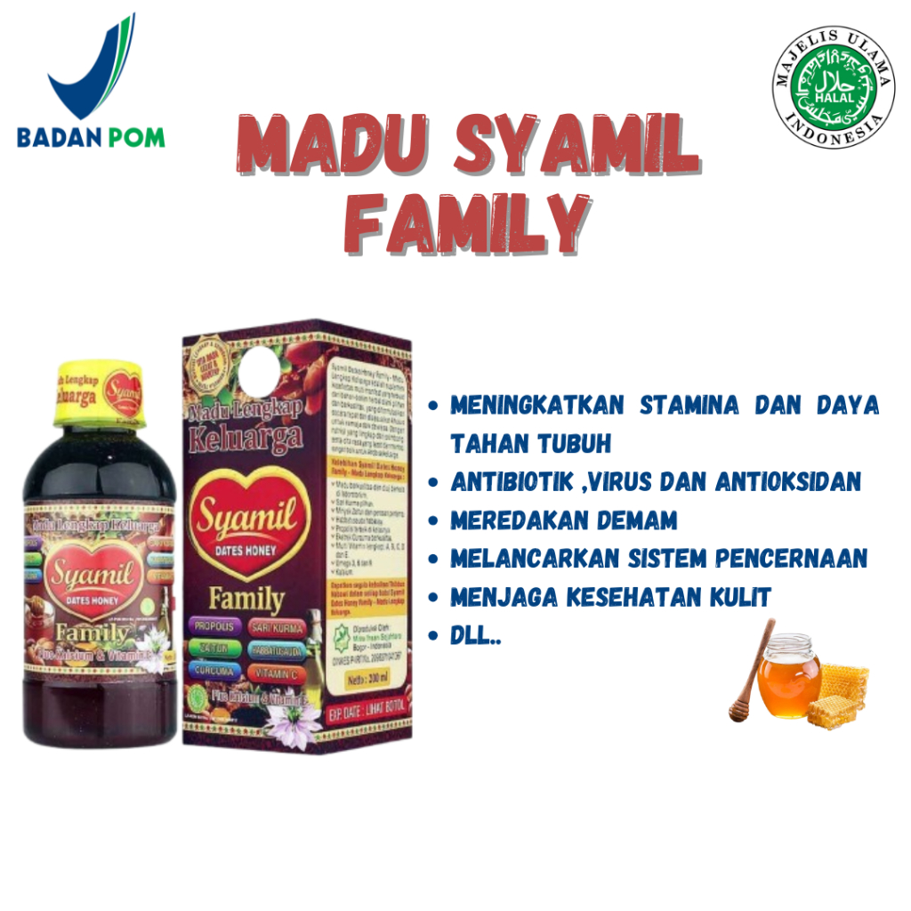 

Madu Syamil Family Dates Honey 200ml | Madu Propolis Kalsium dan MinyakZaitun multivitamin keluarga